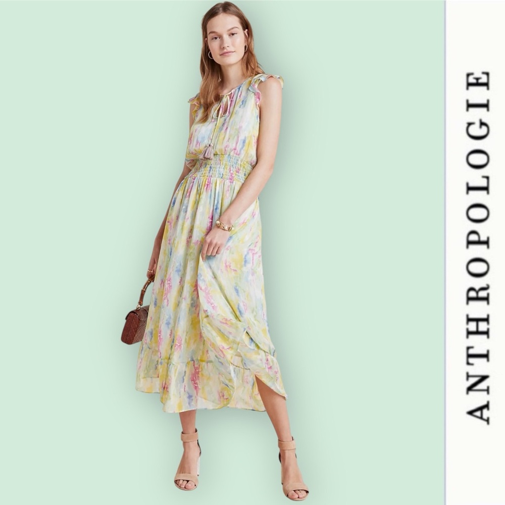 Anthropologie pastel watercolor midi dress in yellow, pink, blue